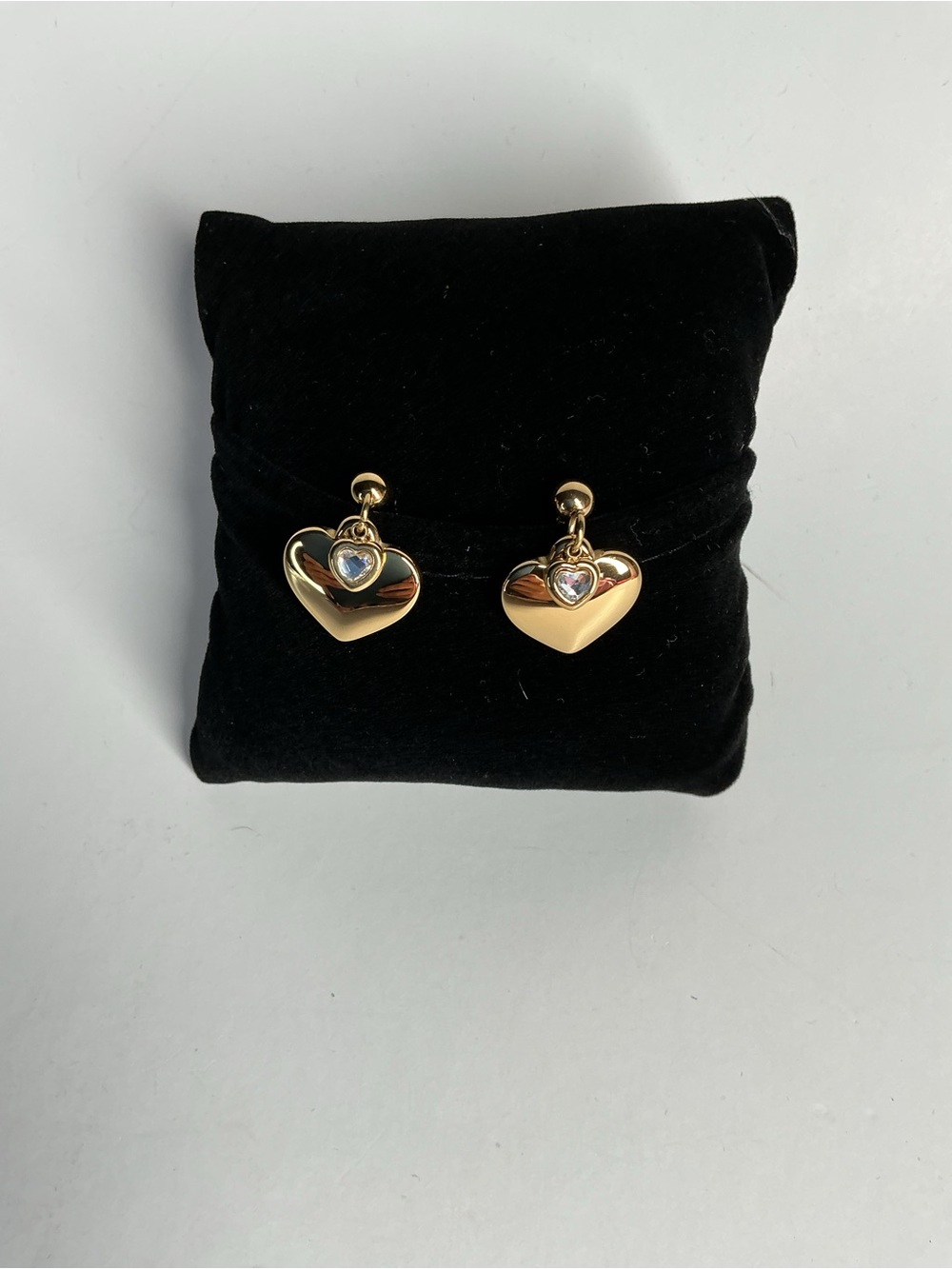 Gold Heart Drop Earrings with Crystal Heart Accent